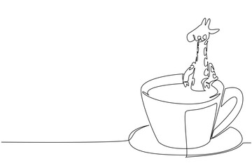 One line drawing of cute giraffe animal soaking in coffee cup for nature concept. Unique design features the long neck creature for an international cafe day theme and kids storybook in minimalist