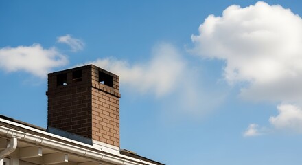 Brick chimney on a white roof under a blue sky with scattered clouds