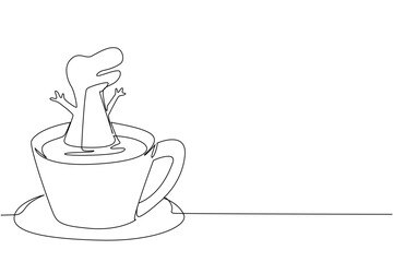 Single line drawing of cute roaring dinosaur t rex features extinct animal soaking in coffee cup for prehistoric concept. Minimalist design represents international museum day theme for kids event