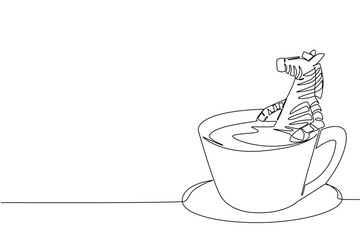 Fototapeta premium Single line drawing playful zebra shows cute safari animal soaking in coffee cup for nature concept. Unique design features the striped wild Africa creature for an international cafe day theme