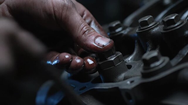 A close up view shows a person s hand manipulating a metal chain The scene highlights industrial work and mechanical processes with a focus on the intricate details