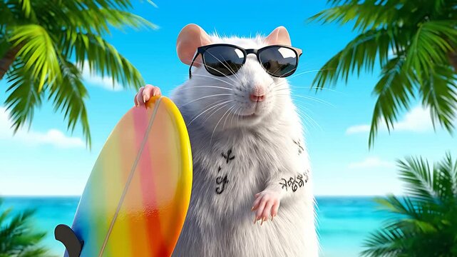 Cool white rat character wearing black sunglasses and holding a vibrant rainbow surfboard stands ready for tropical summer surfing adventures outdoors.