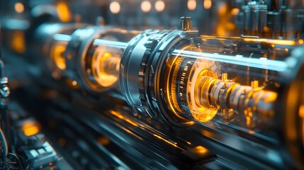 A futuristic industrial machine with glowing orange internal components and metallic gears in motion within a high-tech manufacturing environment emphasizing precision engineering and