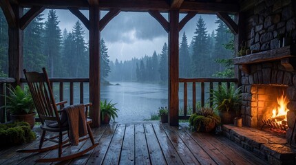 Cozy porch with a roaring fireplace, rocking chair, and view of a stormy lake with lightning, offering shelter and warmth.