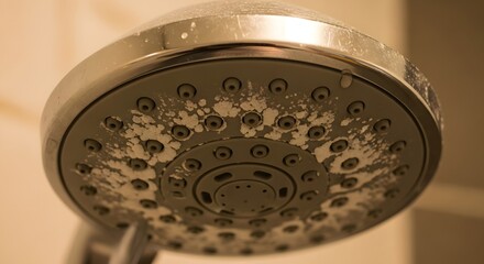 Close up of a silver showerhead with water residue and droplets in soft lighting