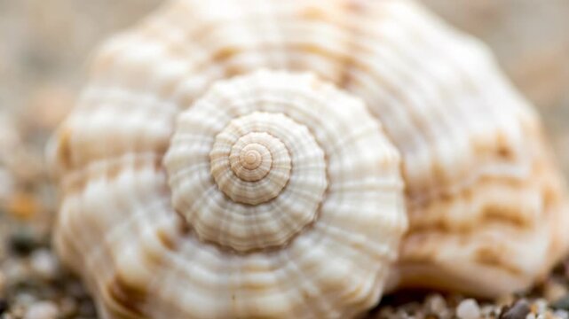 A detailed close up of a spiraled seashell resting on a sandy beach Its natural intricate patterns are highlighted by soft light
