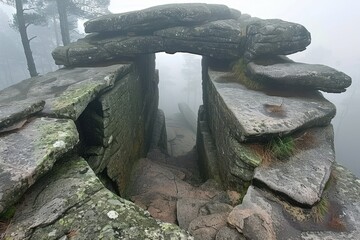 A misty landscape featuring ancient stone formations, creating a mysterious atmosphere with a natural archway amidst the fog.