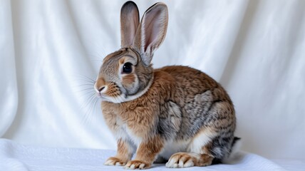 Obraz premium Brown rabbit in calm serene pose with soft natural lighting on white fabric background for pet advertising