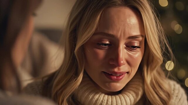 Intimate close-up of a young blonde woman with a deeply concerned and vulnerable expression, her eyes reflecting sadness or distress in a softly lit indoor environment