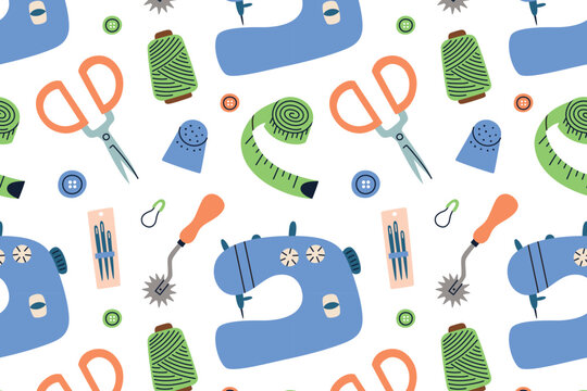 Sewing and craft pattern with sewing machine and tools for handmade creativity. Flat cartoon vector illustration for textile design, DIY projects, workshops, packaging, fabric prints, hobby themes