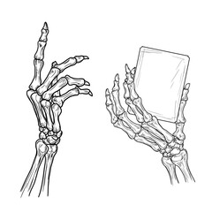 Skeleton hands, bony fingers holding a card, black and white sketch. Vector illustration. Dead man's skeletal hands, set isolated on white background. Suitable for Halloween prints, various occasions