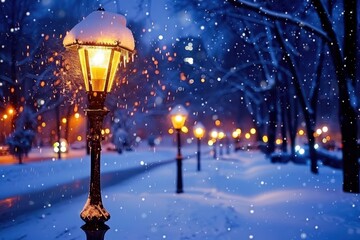 A serene winter scene featuring glowing street lamps surrounded by falling snow, creating a peaceful ambiance in a snowy landscape.