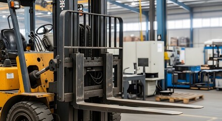 A yellow forklift is parked in a warehouse with industrial equipment