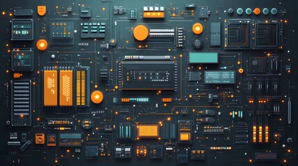A futuristic digital circuit board interface with glowing orange and blue components arranged in a complex network pattern against a dark background, showcasing advanced technological systems with