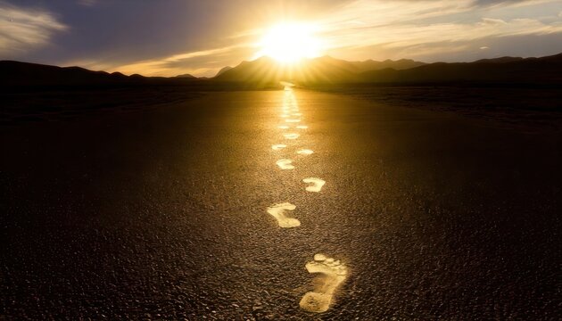 Footprints in the sand leading to a bright sunset.
