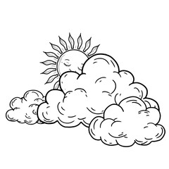 The sun with cute eyes sleeps in the clouds, black and white sketch. Vector illustration. The sun in fluffy clouds, isolated on a white background. Child illustration
