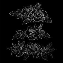 Bouquet of roses with buds and petals, black and white sketch. Vector illustration. Set of silhouettes isolated on a black background. Bouquets of elegant garden flowers, lush foliage.