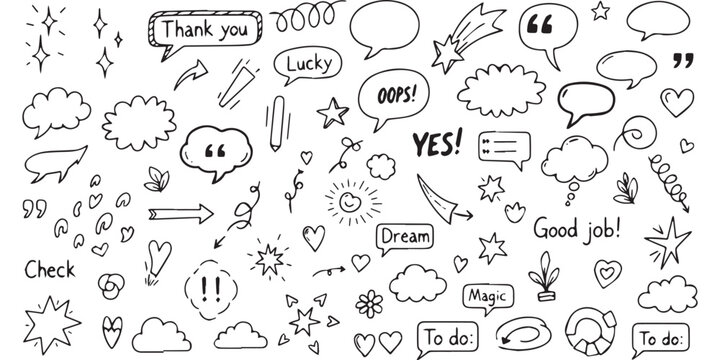 Hand drawn doodle speech bubbles and design elements set 1.