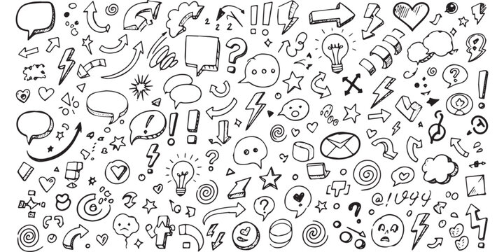 Hand drawn doodle set of various communication and idea icons.