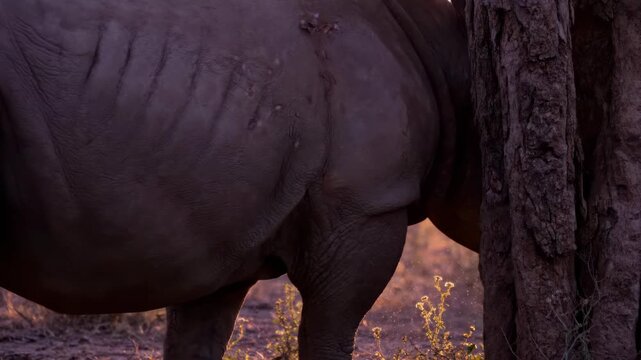 A powerful rhinoceros stands near a tree during a warm sunset the animal is textured grey and imposing against the soft light