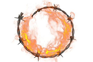 Burning circle of rusty barbed wire frame isolated on transparent background with orange flames and...