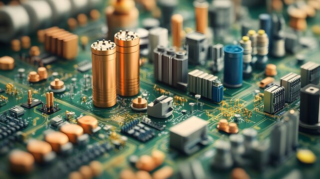 Close-up view of a green circuit board featuring copper capacitors and various electronic components arranged in a technical layout highlighting the role of copper in battery technology within modern
