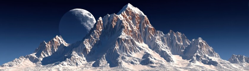 A breathtaking mountain landscape under a starry sky, featuring towering peaks and a large celestial body in the background.