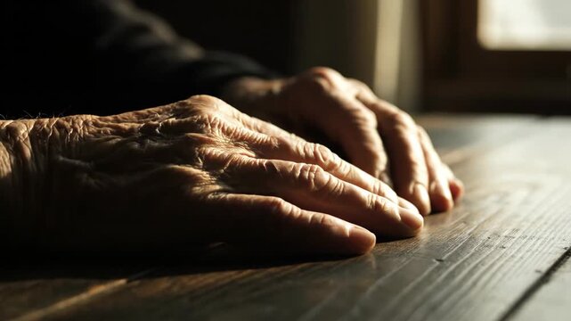 Close up on weathered hands resting on a wooden surface bathed in soft light evoking contemplation contemplation and the passage of time