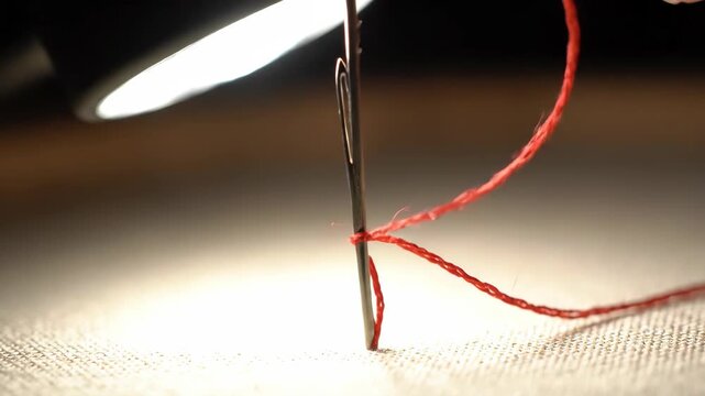 A sharp needle pierces fabric its eye threaded with vibrant red string creating a delicate contrast against the neutral background illuminated by soft light illuminating a sewing project