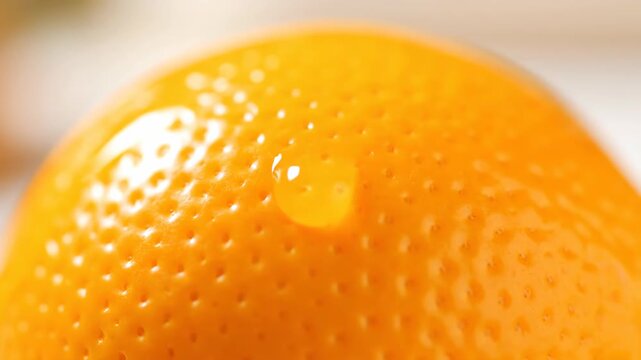 A close up macro shot of an orange s textured skin shows its vibrant color and bumpy surface detail Healthy citrus fruit