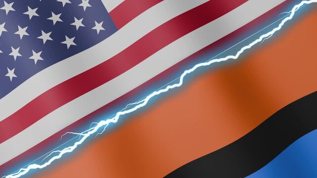 Two waving flags United States and Chagos with diagonal lightning seamless, 4k loop
