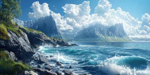 Ocean waves crash against rocky coastline with towering cliffs under dramatic cloudy sky and sunlight. Generative by AI.