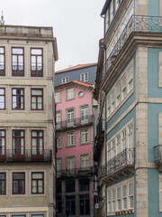 Houses with coulourful facades in the old town of Porto, Portugal.
