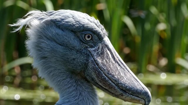 A close up of a shoebill stork s head with its unique large bill and feathers The bird appears calm resting in its natural marsh habitat with blurred green reeds