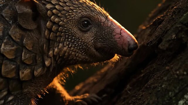 A close up of a pangolin s textured scales and curious eye This shy mammal seeks insects in its natural habitat displaying unique keratin armor