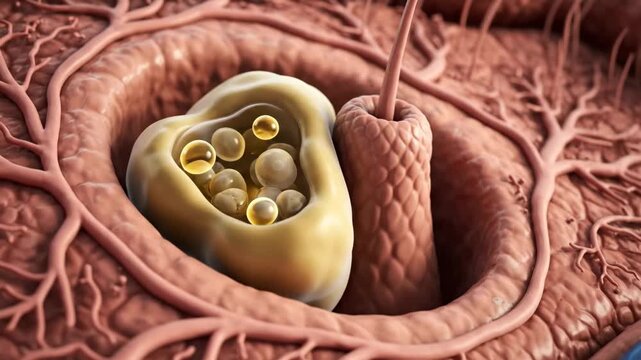 Detailed microscopic view of a sebaceous gland producing oil near a hair follicle in human skin. Illustrates skin biology and sebum secretion process.