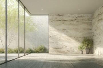 Fototapeta premium Empty modern room with stone wall and wooden floor