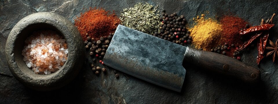 Old meat cleaver with wooden handle placed beside a bowl of salt and various spices on a dark stone surface, showcasing culinary tools and ingredients for cooking