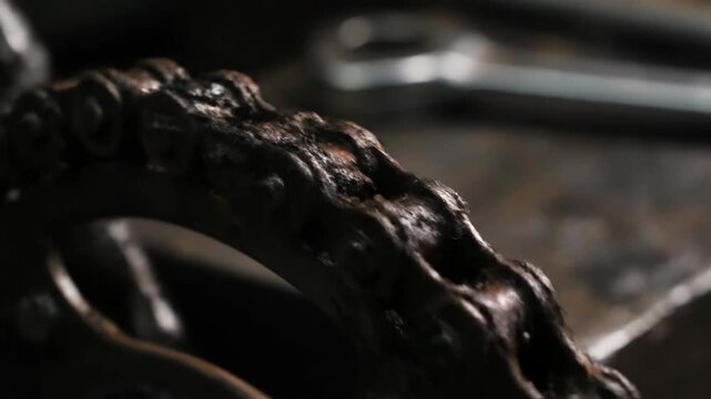 A close up detailed shot of a rusty metal chain and tools suggesting mechanical work and industry The focus is on the weathered texture and metallic sheen emphasizing a sense