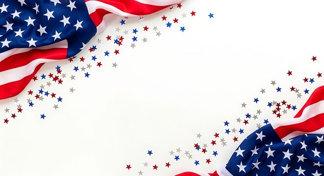 Festive American flag borders and red, white, and blue star confetti for a Presidents Day celebration background.