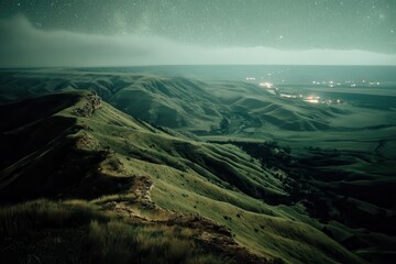A breathtaking view of rolling hills under a starry sky, showcasing the beauty of nature and the vast landscape illuminated by distant lights.