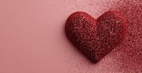 Heart shape made from red glitter particles on a soft pink background, creating a vibrant and festive visual suitable for romantic or celebratory themes with copy space