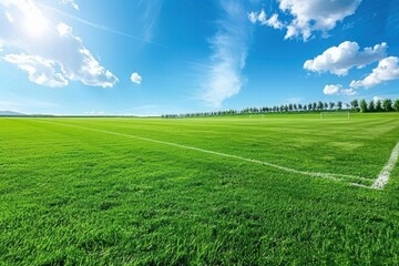 A vibrant green soccer field under a clear blue sky, surrounded by trees and fluffy clouds, ideal for outdoor sports and recreation.