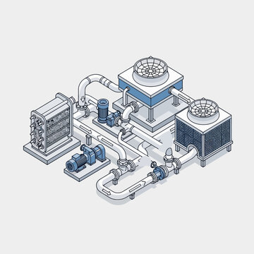 Isometric illustration of a complex industrial cooling system with pumps and pipes.