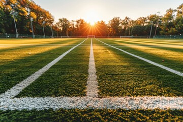 A vibrant view of a soccer field at sunset, showcasing fresh green grass and white lines, evoking a sense of calm and anticipation for a game.