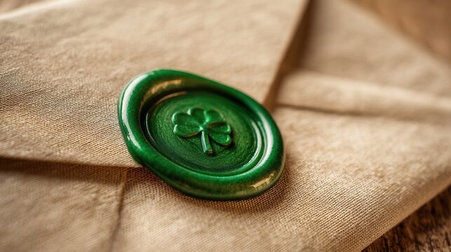 St. Patrick's Day.st patrick day in boho style greeting card detail with green wax seal clover symbol on kraft envelope rustic wood background festive holiday decoration minimal design