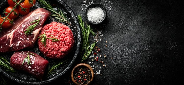 Raw chicken and ground beef with fresh herbs and spices on a dark textured background, showcasing various cuts of meat and seasonings for culinary presentation