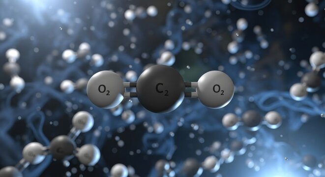 A molecule of oxygen (O2) and carbon dioxide (CO2) with a background of molecular structures and a blue glow.