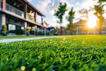 A vibrant view of a sunlit backyard with lush green grass, a hint of dew, and a backdrop of a modern house and trees.