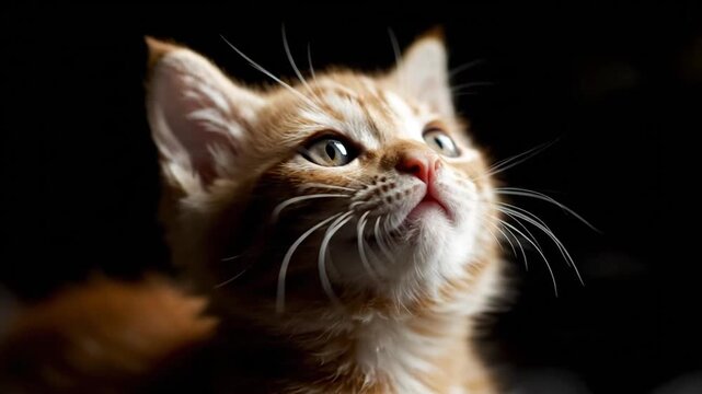 An inquisitive orange cat gazes upwards, surrounded by darkness, as it contemplates the wonders of artificial intelligence